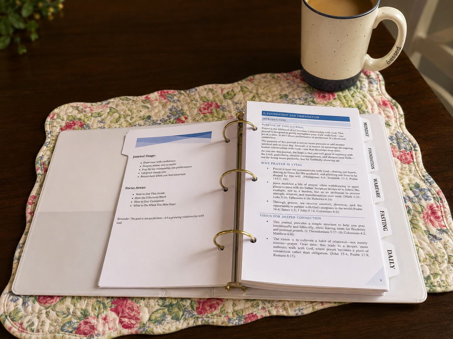 Open Personal Prayer Journal showing guided prayer pages and tab dividers