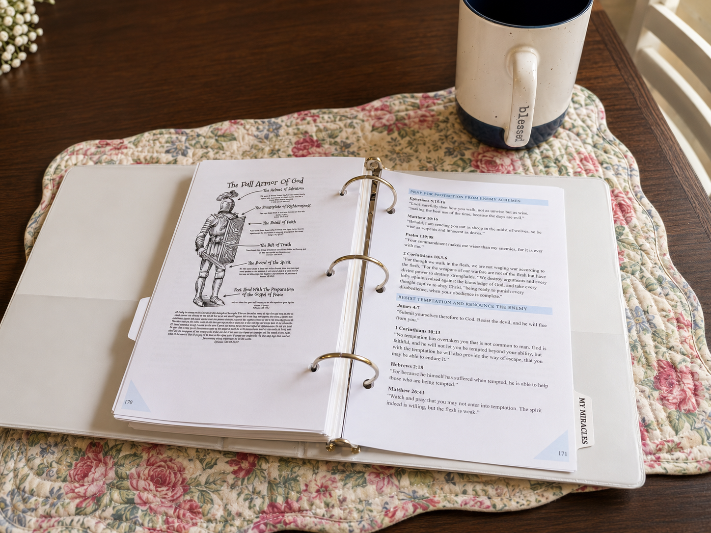 Scripture-guided spiritual warfare prayer pages inside the journal