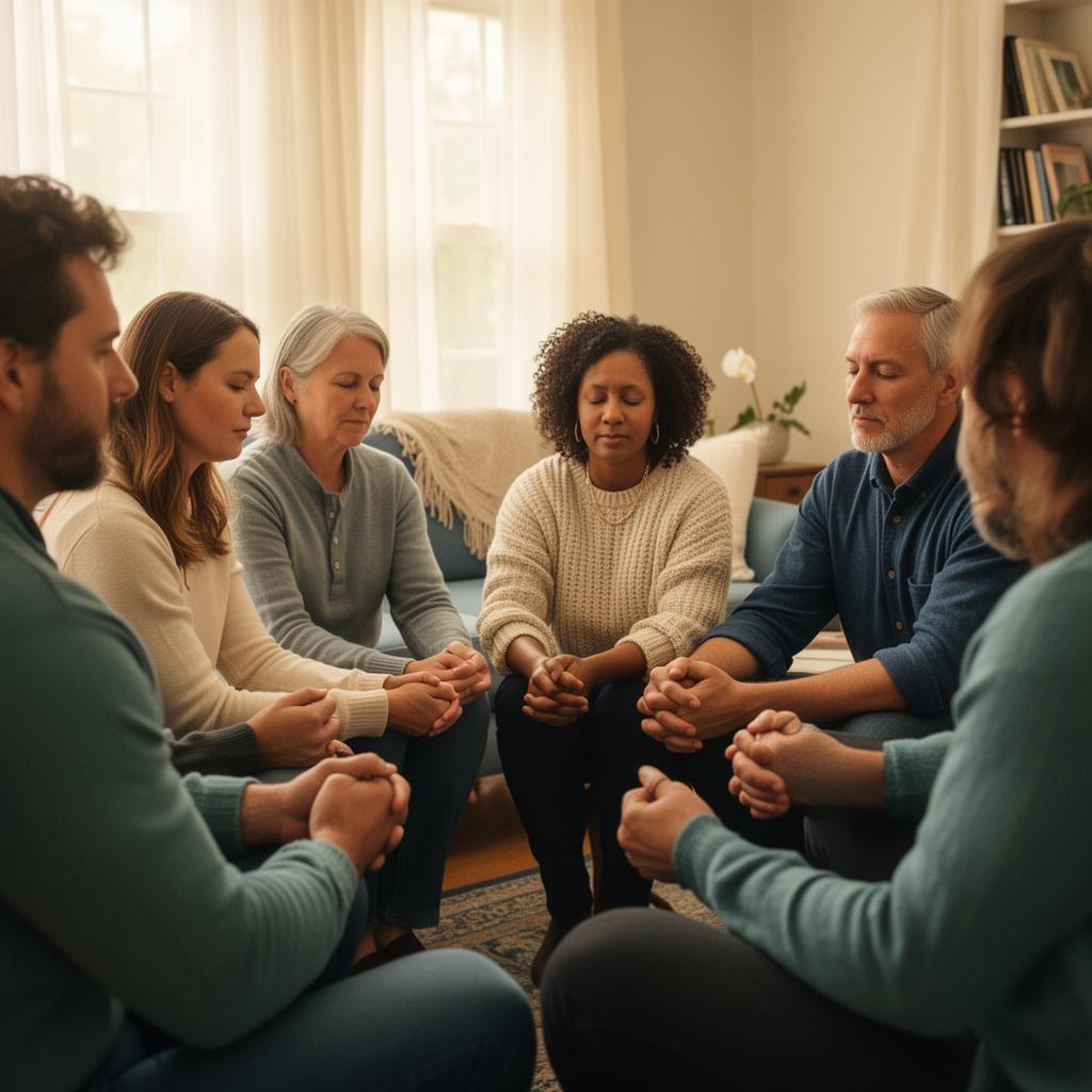 Small group of believers praying together in a living room