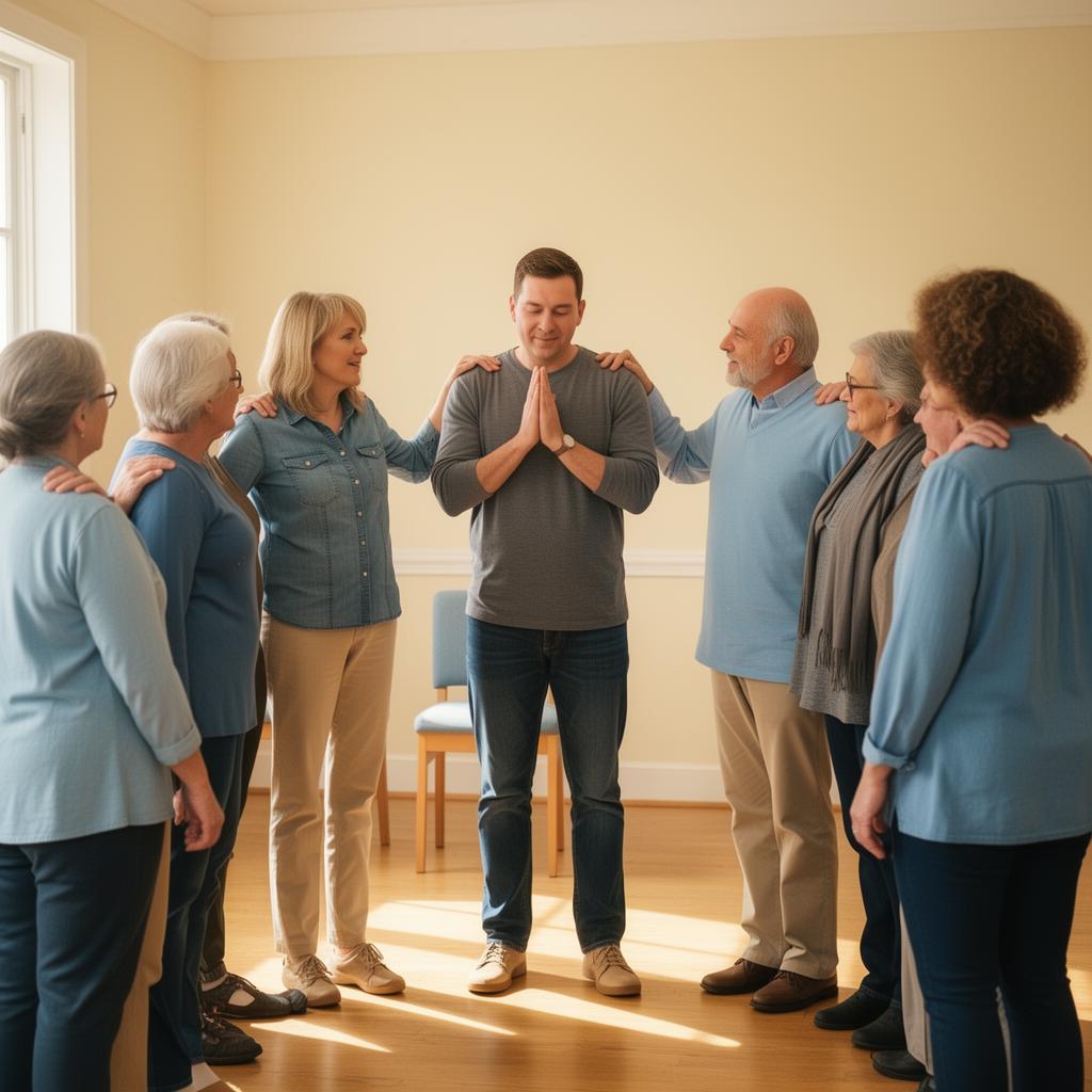 Pastor praying with church members in a casual fellowship room