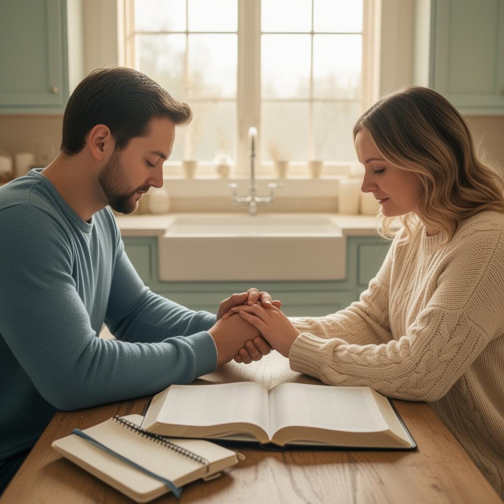 Couple praying together at kitchen table